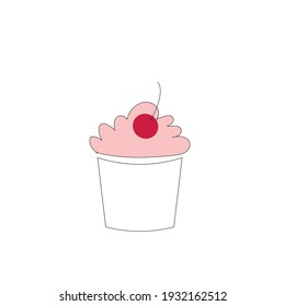 Illustration of a cupcake with pink icing and a cherry on a white background. Vector illustration. Postcard.