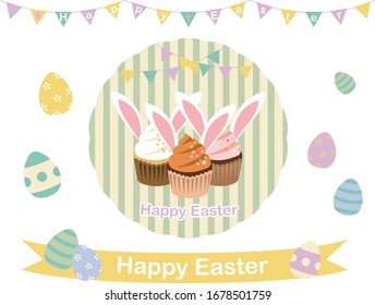 Illustration von Kuchen mit Kaninchenohren mit Eiern und Fahne zu Ostern.