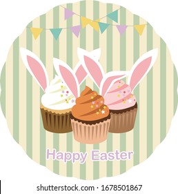 Ilustración de quequitos con orejas de conejo con huevos y bandera celebrando Pascua.