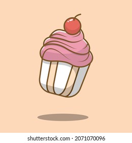 illustration of cupcake with strawberry cream on top with cherry