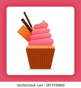 Illustration of cupcake with strawberry soft cream with waffle, chocolate sticks and twist wafer chocolate topping. Design can be for books, flyer, poster, website, web, apps, landing page, cookbook