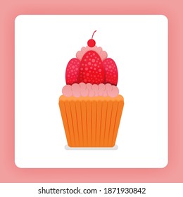 Illustration of cupcake with strawberry whip cream. Fresh strawberries and double frosting. Strawberry icing cake. Design can be for books, flyer, poster, website, web, apps, landing pages, cookbook