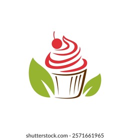 illustration of a cupcake with swirled frosting topped with a cherry, flanked by two green leaves.