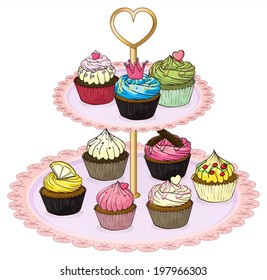 Illustration of a cupcake tray with cupcakes on a white background