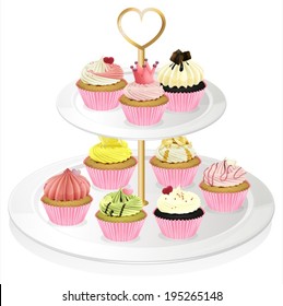 Illustration of a cupcake tray with pink cupcakes on a white background