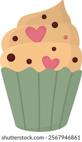 Illustration with a cupcake for Valentine's Day. Holiday sweet with hearts and bubbles