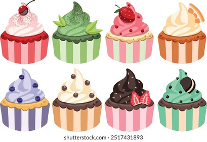 illustration of cupcake with whipped cream on top in different taste and colors. Strawberry, blueberry, berry, lemon, cherry, green tea matcha, chocolate, mint chocolate isolated on a white background