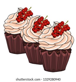 Illustration of a cupcakes decorate with chocolate cream and bunch of red currants, isolated on a white background. EPS 10 vector.