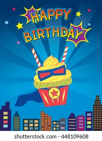 Illustration cupcakes decoration on super hero design concept in blue background colors for happy birthday card.