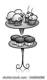 Illustration of Cupcakes on Cupcake Stand in Black and White