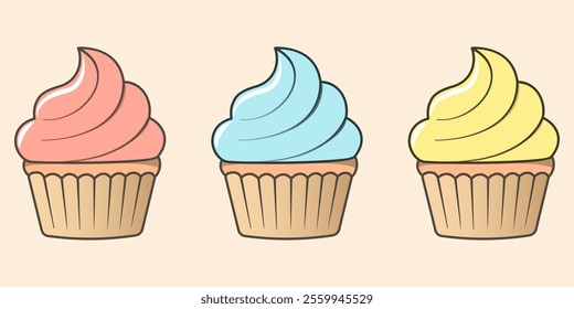 Illustration of cupcakes with pastel frosting, featuring smooth, swirled icing and a classic golden-brown base. Perfect for bakery branding, dessert design, or party decorations