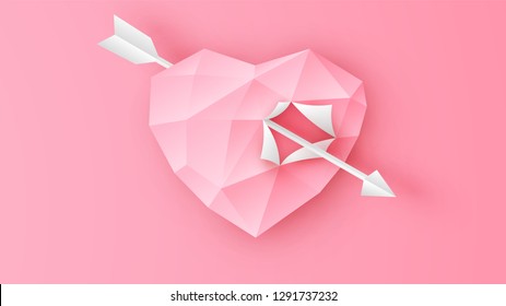 Illustration of Cupid arrow through the paper heart on pink background. Heart design for Valentine’s day. paper cut and craft style. vector, illustration.