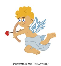 illustration of a cupid with a bow and arrow, illustration of little angel for valentine's day, blond boy with wings on a white background.