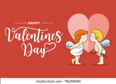 Illustration of cupid girl and cupid boy with text happy Valentines day, vector