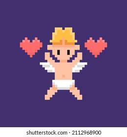 illustration of cupid with heart symbol. love God. winged child. pixel art or 8 bit. vector character design. elements, assets, games