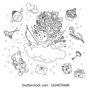 In the illustration, Cupid on a cloud. In the hands of a bow and arrows, and around it different items, a key, gifts, a letter, a Tulip, a cupcake and different hearts