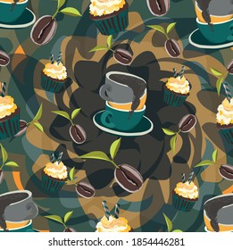 Ilustración con tazas de café y caramelos en el fondo naranja y azul