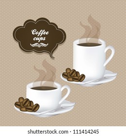 Illustration of cups of steaming coffee on plate, vector illustration