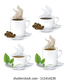 Illustration of a cups of steaming coffee and tea on plate, vector illustration