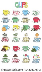 Illustration of cups for tea and coffee with different ingredients. Use for menu tea and coffee bars. Vector illustration drawn by freehand.