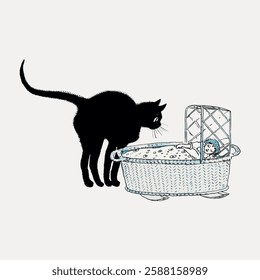 Illustration of a curious black cat peering into a baby's crib. The cat and baby interaction is playful and gentle, highlighting a sweet, curious moment. Vintage animal illustration vector.