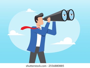 An illustration of curious businessman look through binoculars with big eyes. Observation, search for opportunity, inspect or discover new business, job search or hr finding candidate concept