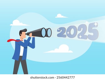 An illustration of Curious businessman looks through binoculars. Predictions For 2025. Best chance to get a business or career. New opportunities, career or business