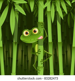 illustration, curious frog on stem of the bamboo