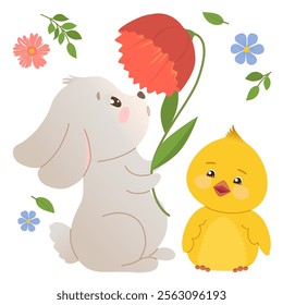 Illustration with curious gray rabbit sniffing tulip flower and funny yellow chick. Vector illustration for poster, greeting card or invitation, labels or tags