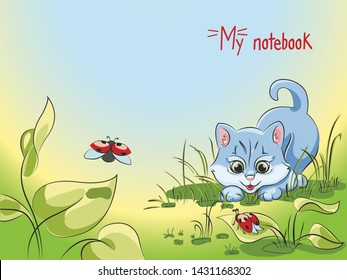 illustration with curious kitten and ladybug