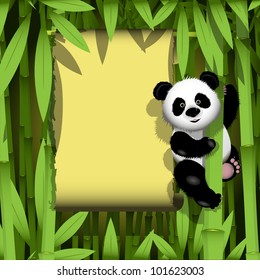 illustration curious panda on stem of the bamboo