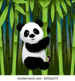 Illustration, neugierige Panda am Bambusstamm