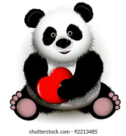 illustration curious panda with red heart in the paws