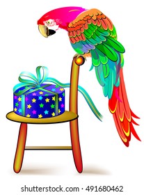 Illustration of curious parrot looking at a gift. Greeting card. Vector cartoon image.