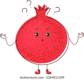 An illustration of a curious pomegranate raising a question, symbolizing a quest for knowledge or inquiry.