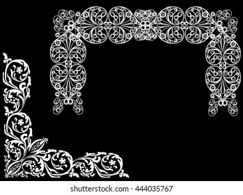 illustration with curled frame decoration on black background