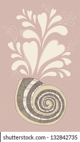Illustration of curled seashell and bubbles