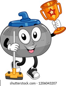 Illustration of a Curling Stone Mascot Holding a Broom and a Trophy