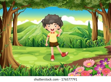 Illustration of a curly boy at the forest
