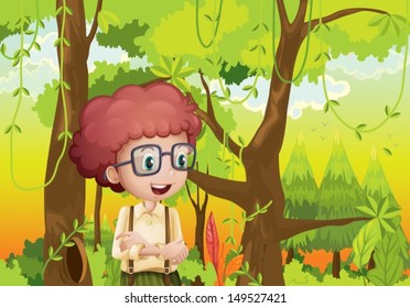 Illustration of a curly boy in the forest near the trees
