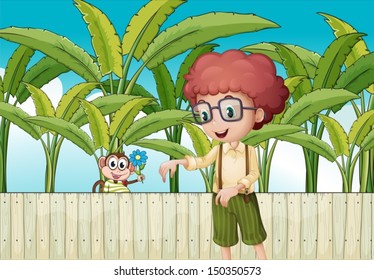 Illustration of a curly boy near the fence with a monkey