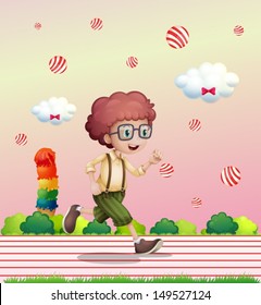 Illustration of a curly boy running