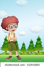 Illustration of a curly boy standing in front of the pine trees