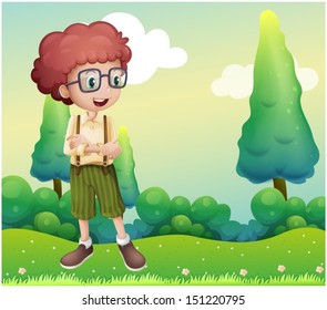 Illustration of a curly boy standing at the hilltop