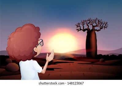 Illustration of a curly boy watching the sunset in the desert