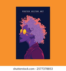 illustration of curly haired woman with yellow glasses pop art style for advertising poster