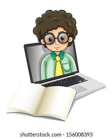 Illustration of a curly man inside the laptop with an empty paper in front on a white background