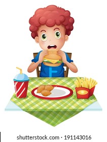 Illustration of a curly-haired boy eating at a fastfood restaurant on a white background