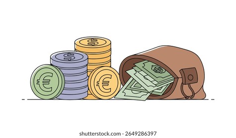 Ilustração de moedas de moeda e de um saco de dinheiro repleto de notas de banco que representam riqueza financeira e prosperidade econômica