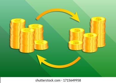 Illustration for currency exchange. Beautiful stacks of gold dollars, euro coins with arrows indicating exchange. For financial company, bank, exchange office. Vector horizontal